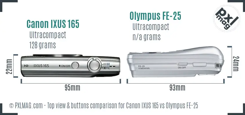 Canon IXUS 165 vs Olympus FE-25 top view buttons comparison