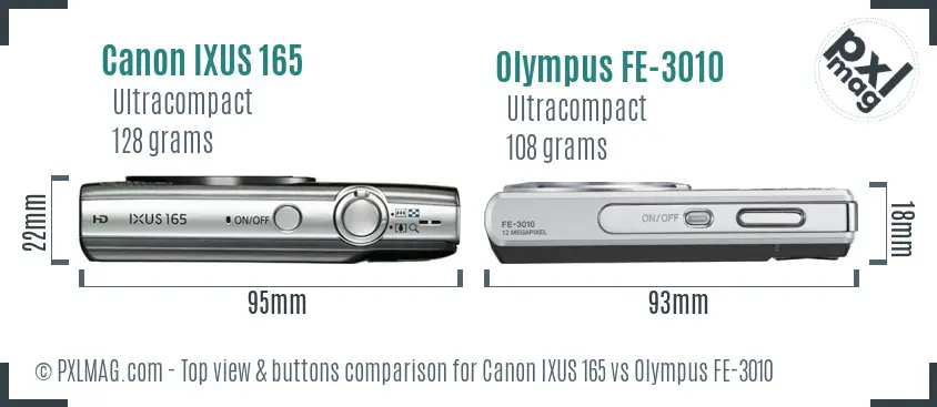 Canon IXUS 165 vs Olympus FE-3010 top view buttons comparison