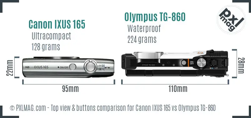 Canon IXUS 165 vs Olympus TG-860 top view buttons comparison