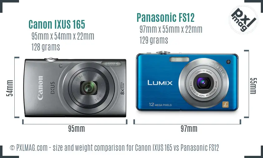 Canon IXUS 165 vs Panasonic FS12 size comparison