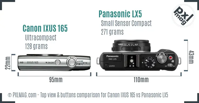 Canon IXUS 165 vs Panasonic LX5 top view buttons comparison