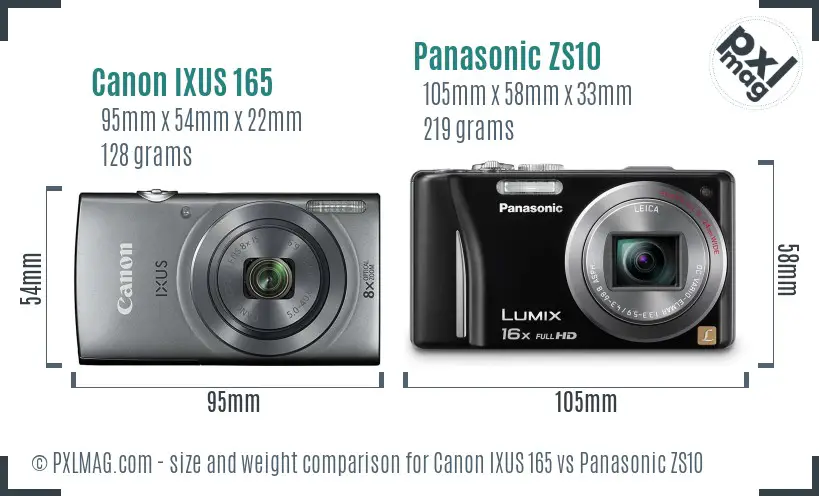 Canon IXUS 165 vs Panasonic ZS10 size comparison