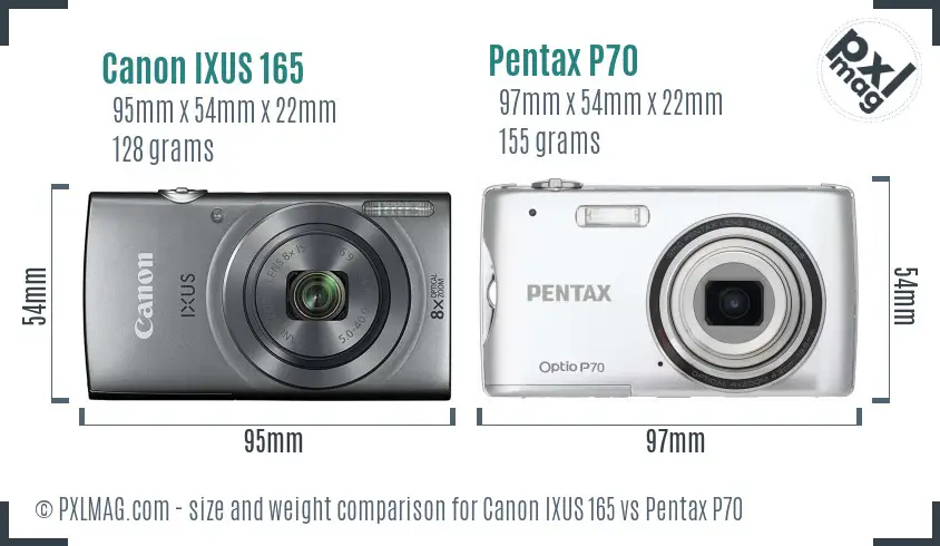 Canon IXUS 165 vs Pentax P70 size comparison