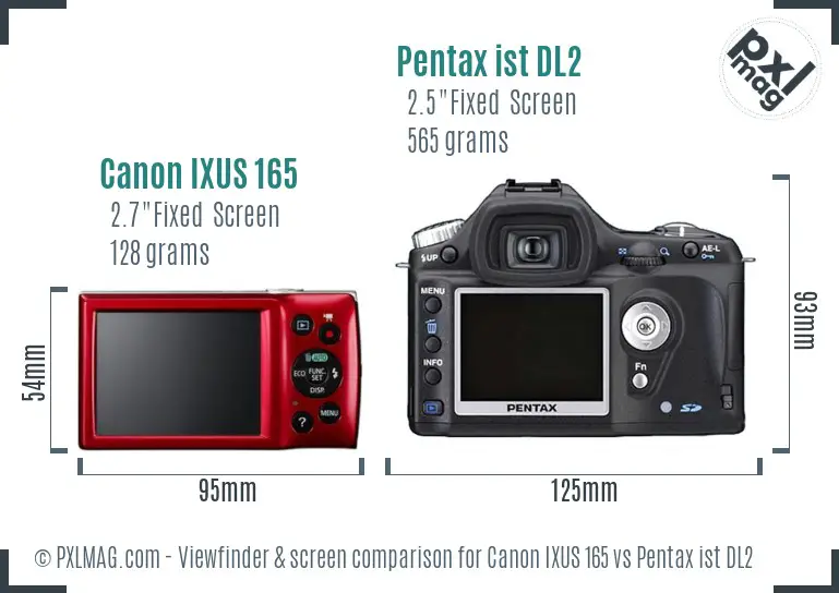 Canon IXUS 165 vs Pentax ist DL2 Screen and Viewfinder comparison