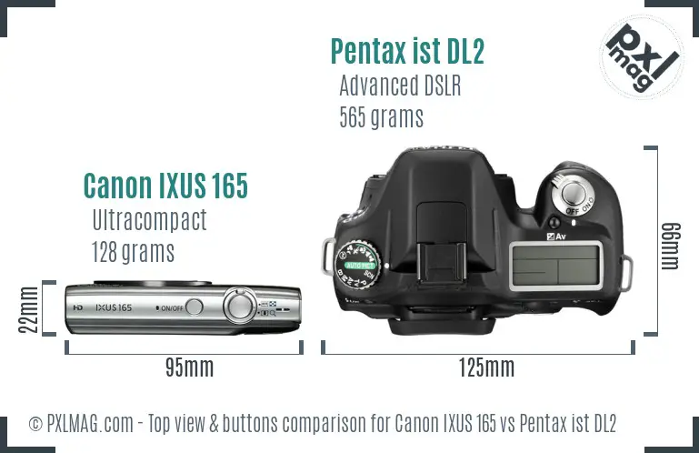 Canon IXUS 165 vs Pentax ist DL2 top view buttons comparison