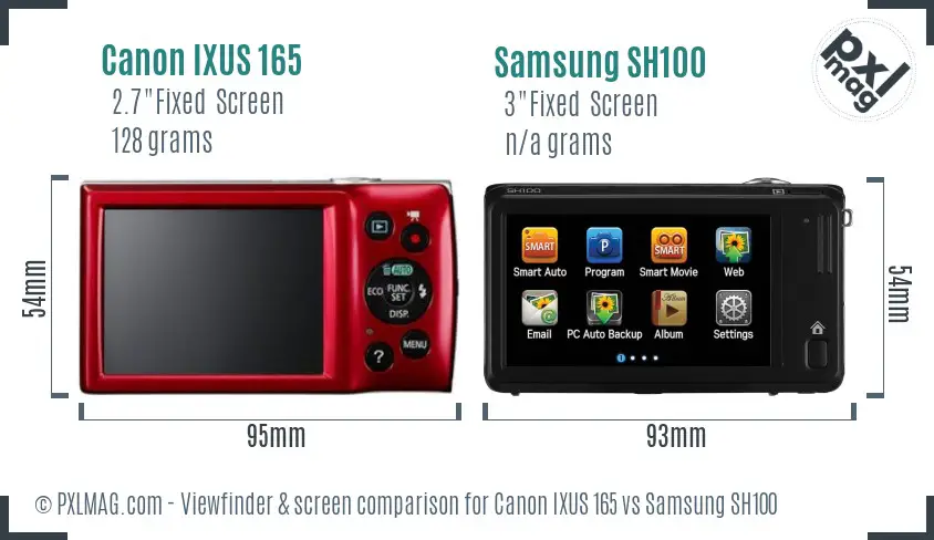 Canon IXUS 165 vs Samsung SH100 Screen and Viewfinder comparison