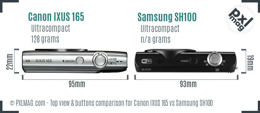 Canon IXUS 165 vs Samsung SH100 top view buttons comparison