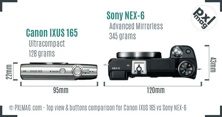 Canon IXUS 165 vs Sony NEX-6 top view buttons comparison Canon IXUS 165 vs Sony NEX-6 top view buttons comparison