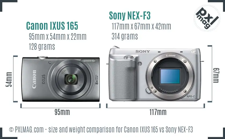 Canon IXUS 165 vs Sony NEX-F3 size comparison