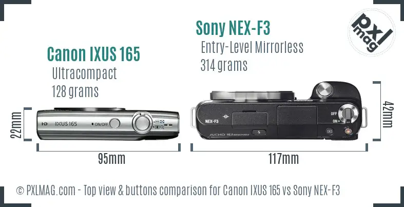 Canon IXUS 165 vs Sony NEX-F3 top view buttons comparison