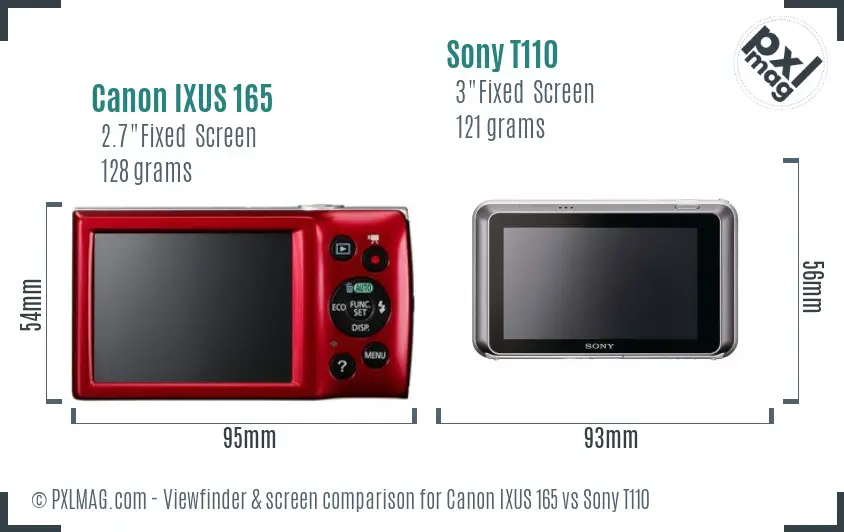 Canon IXUS 165 vs Sony T110 Screen and Viewfinder comparison