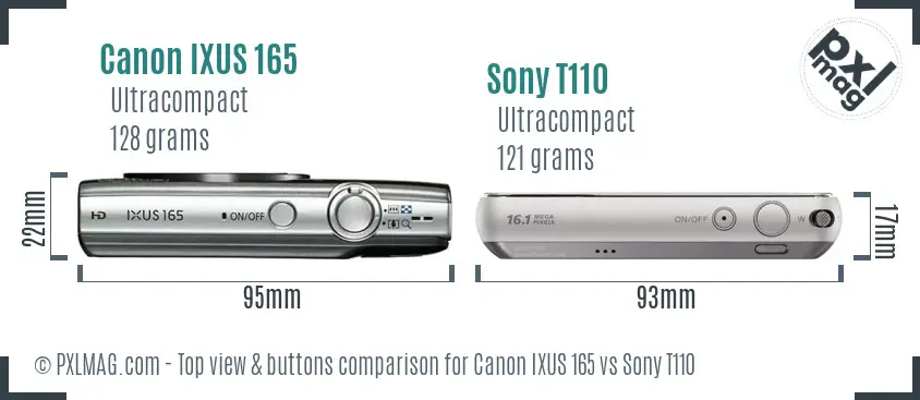 Canon IXUS 165 vs Sony T110 top view buttons comparison