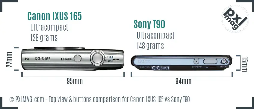 Canon IXUS 165 vs Sony T90 top view buttons comparison