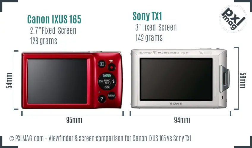 Canon IXUS 165 vs Sony TX1 Screen and Viewfinder comparison