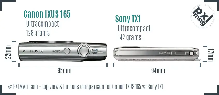 Canon IXUS 165 vs Sony TX1 top view buttons comparison