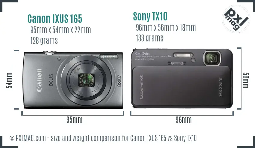 Canon IXUS 165 vs Sony TX10 size comparison