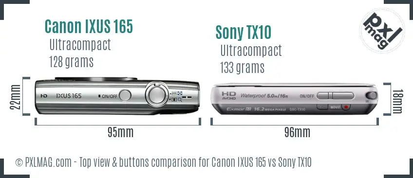 Canon IXUS 165 vs Sony TX10 top view buttons comparison