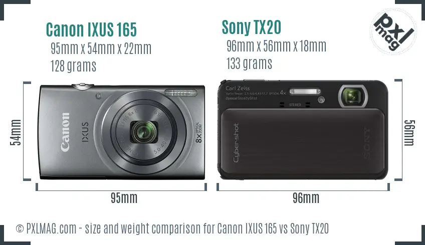 Canon IXUS 165 vs Sony TX20 size comparison