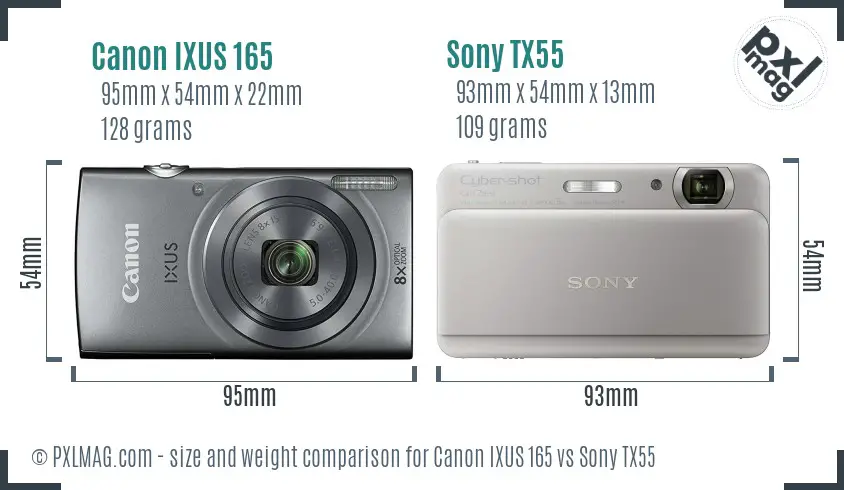 Canon IXUS 165 vs Sony TX55 size comparison