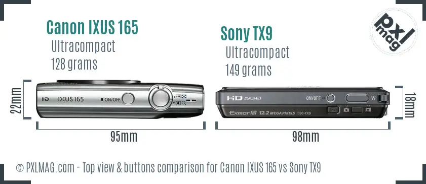 Canon IXUS 165 vs Sony TX9 top view buttons comparison Canon IXUS 165 vs Sony TX9 top view buttons comparison