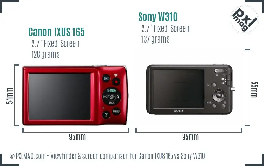 Canon IXUS 165 vs Sony W310 Screen and Viewfinder comparison