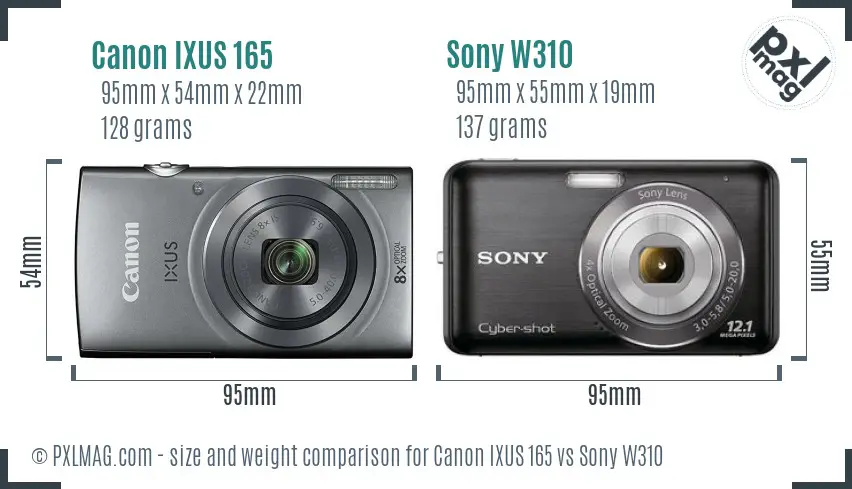 Canon IXUS 165 vs Sony W310 size comparison