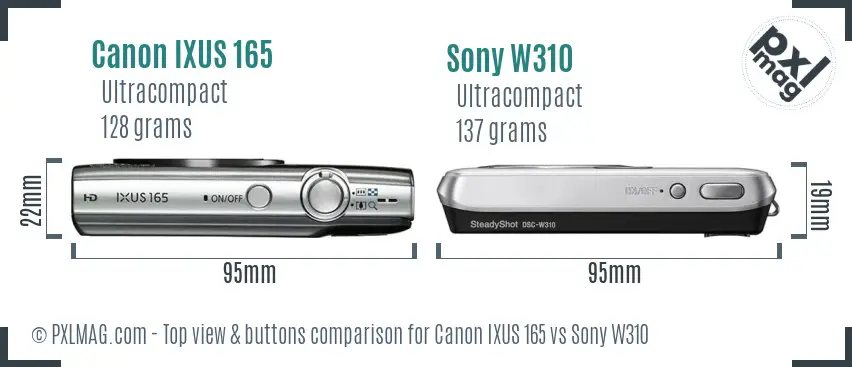 Canon IXUS 165 vs Sony W310 top view buttons comparison