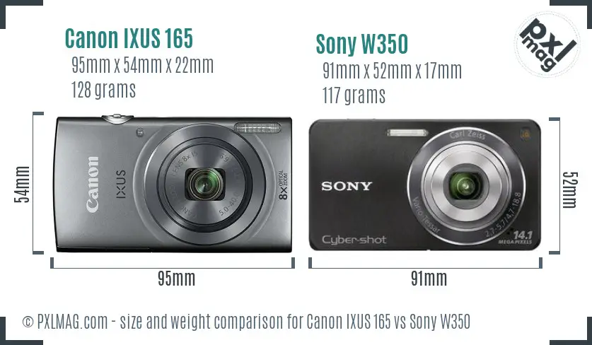 Canon IXUS 165 vs Sony W350 size comparison