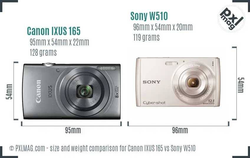 Canon IXUS 165 vs Sony W510 size comparison