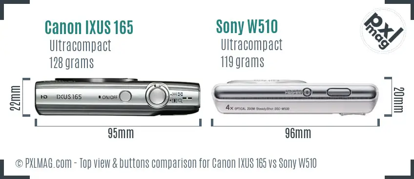 Canon IXUS 165 vs Sony W510 top view buttons comparison