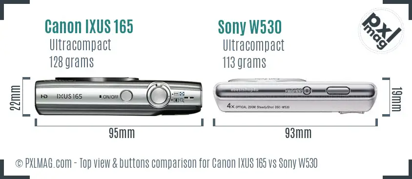 Canon IXUS 165 vs Sony W530 top view buttons comparison Canon IXUS 165 vs Sony W530 top view buttons comparison