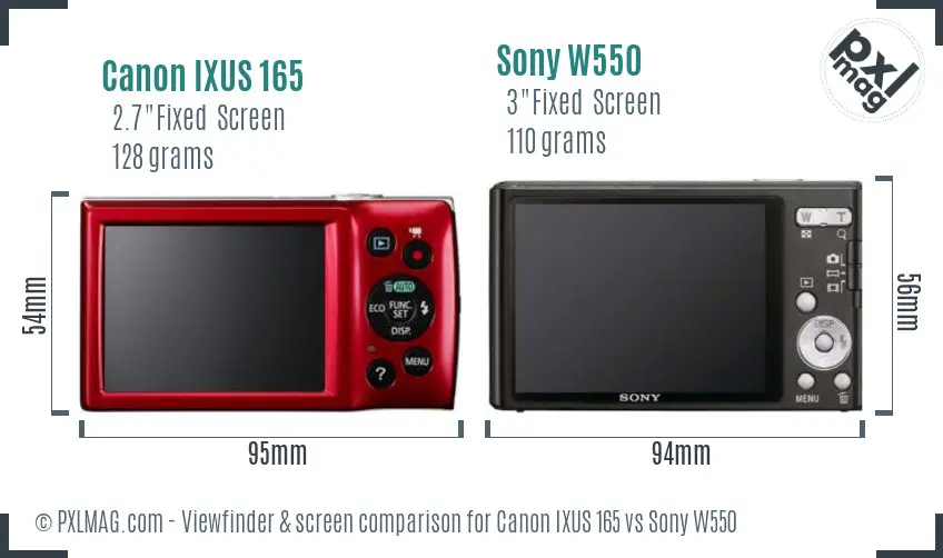 Canon IXUS 165 vs Sony W550 Screen and Viewfinder comparison