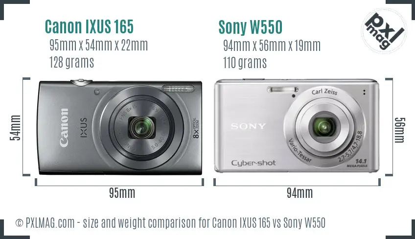 Canon IXUS 165 vs Sony W550 size comparison