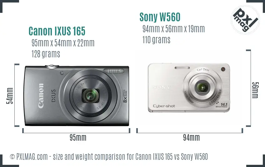 Canon IXUS 165 vs Sony W560 size comparison