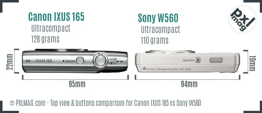 Canon IXUS 165 vs Sony W560 top view buttons comparison