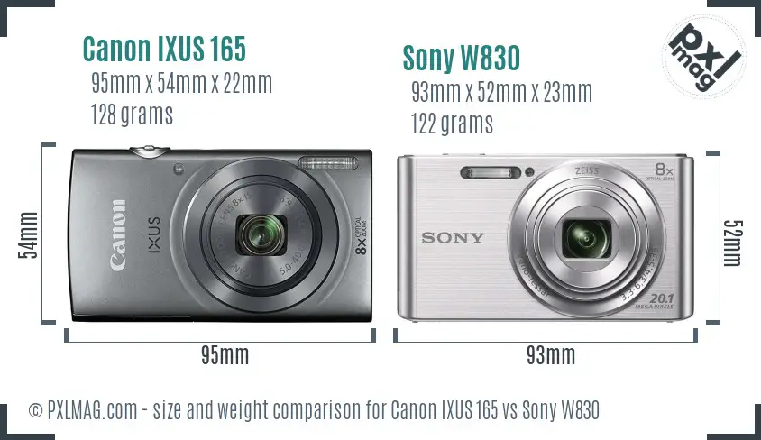 Canon IXUS 165 vs Sony W830 size comparison