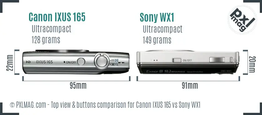 Canon IXUS 165 vs Sony WX1 top view buttons comparison