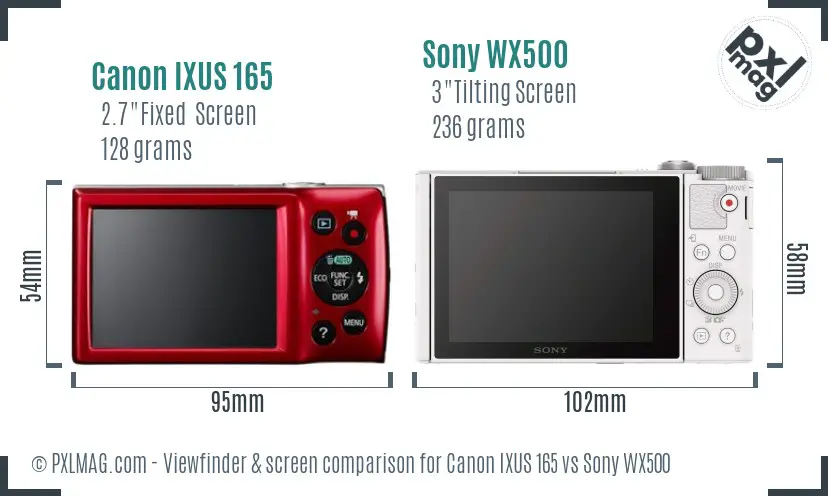 Canon IXUS 165 vs Sony WX500 Screen and Viewfinder comparison