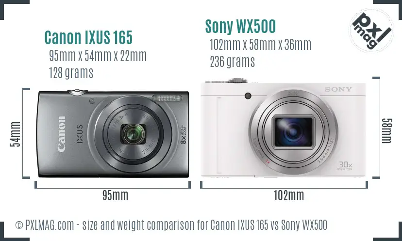 Canon IXUS 165 vs Sony WX500 size comparison