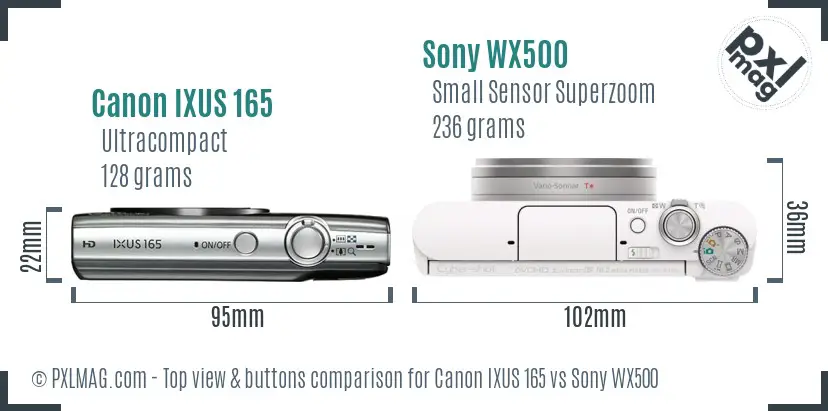 Canon IXUS 165 vs Sony WX500 top view buttons comparison