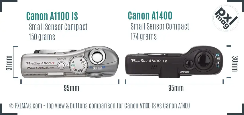 Canon A1100 IS vs Canon A1400 top view buttons comparison