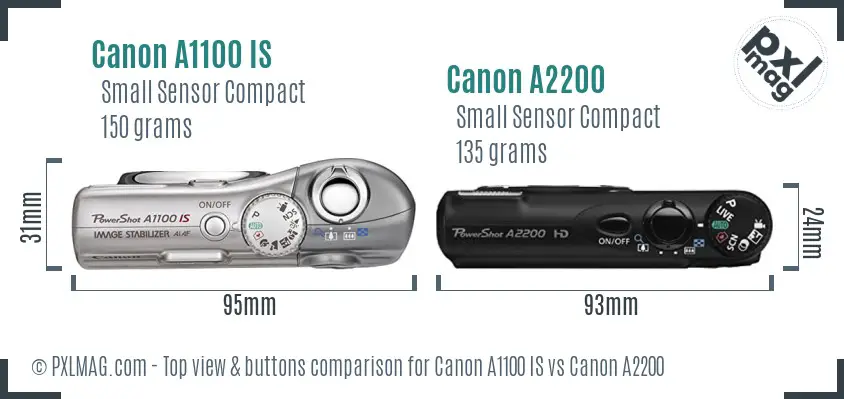 Canon A1100 IS vs Canon A2200 top view buttons comparison