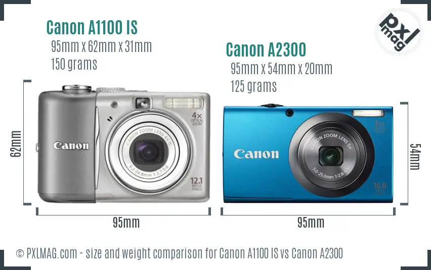 Canon A1100 IS vs Canon A2300 size comparison