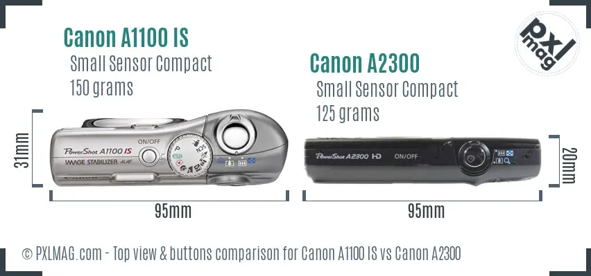 Canon A1100 IS vs Canon A2300 top view buttons comparison