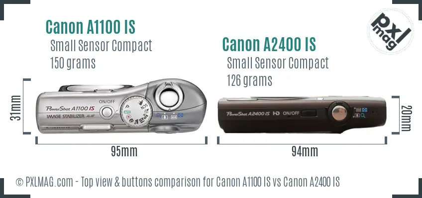 Canon A1100 IS vs Canon A2400 IS top view buttons comparison