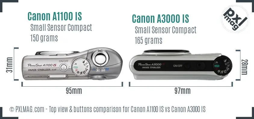 Canon A1100 IS vs Canon A3000 IS top view buttons comparison
