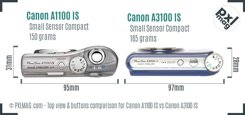 Canon A1100 IS vs Canon A3100 IS top view buttons comparison