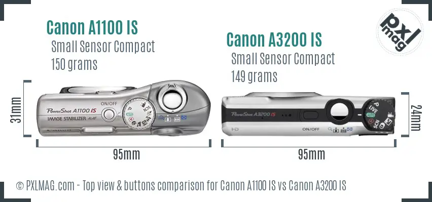 Canon A1100 IS vs Canon A3200 IS top view buttons comparison