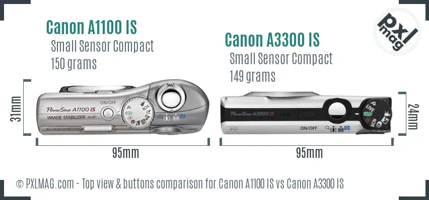 Canon A1100 IS vs Canon A3300 IS top view buttons comparison