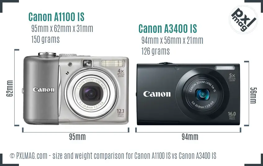 Canon A1100 IS vs Canon A3400 IS size comparison